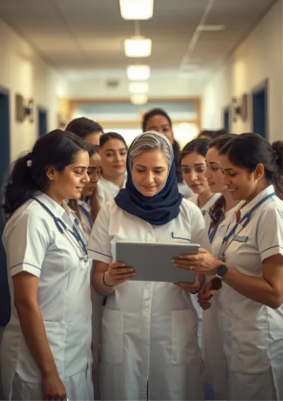 Nursing students and a senior colleague gathered around a tablet in a hospital corridor