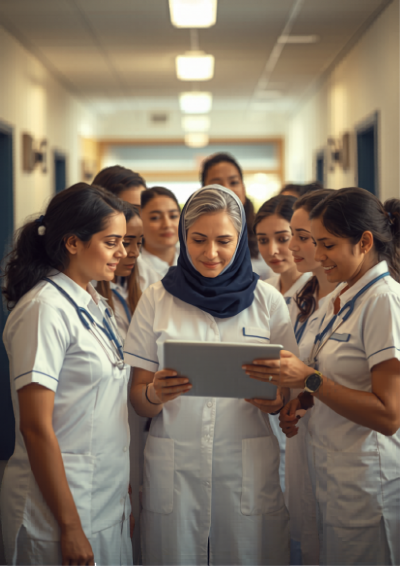 Pakistani nursing students collaborating with a tablet in a modern hospital corridor